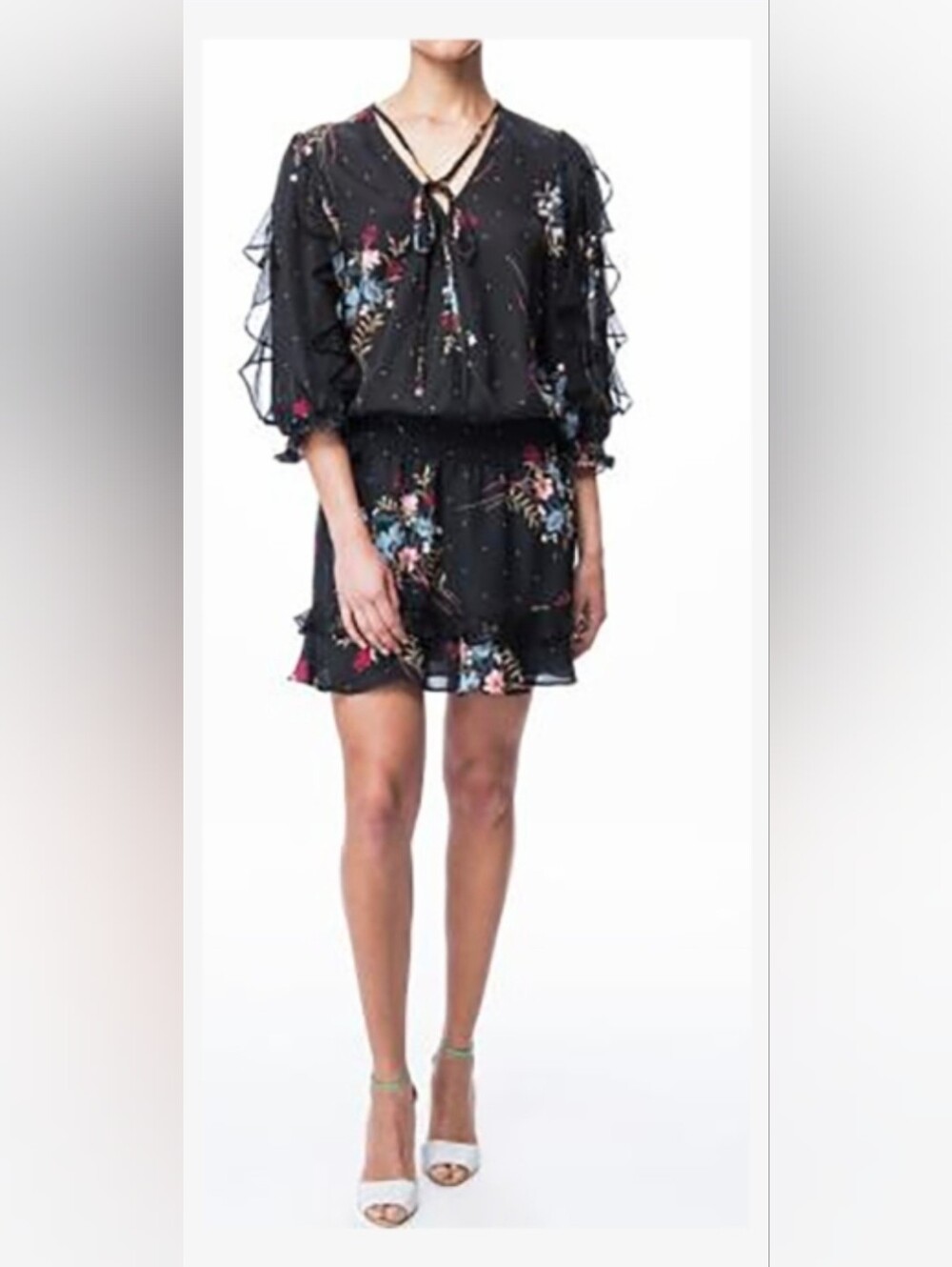 Parker, Black Silk Floral Tie-Neck Ruffle Mini Dress, Size Medium